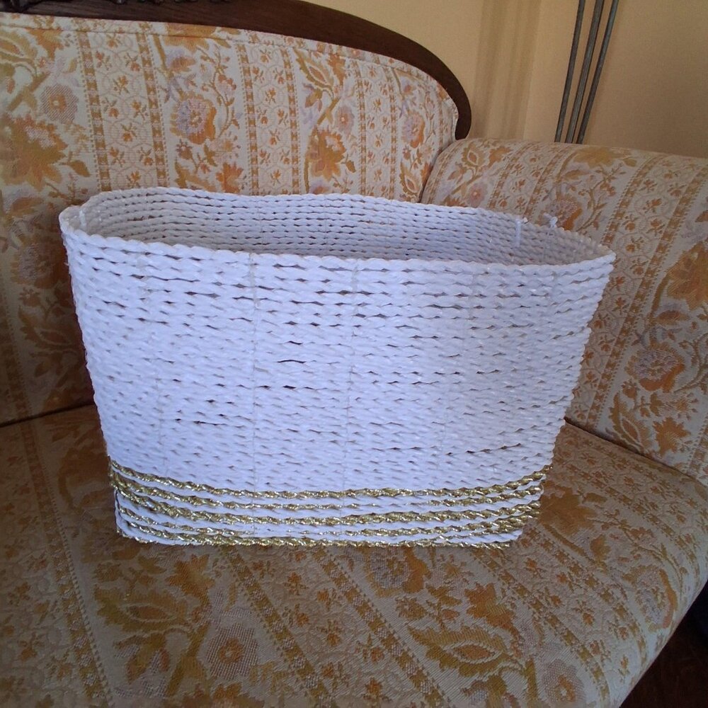 Pottery Barn Teen nwt Shimmer Stripe Storage Bin basket white gold medium